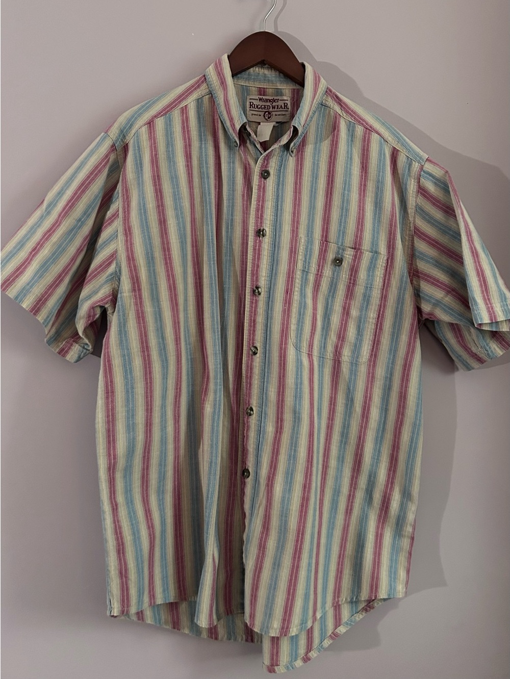 Vintage 1990s Wrangler Rugged Wear Vertical Striped Button Down Shirt Size Large